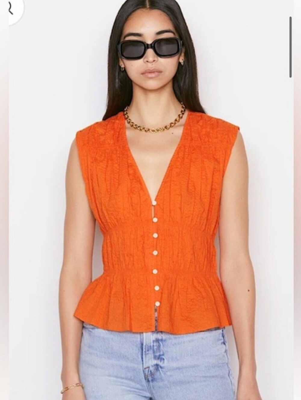 Frame Orange Crush Sleeveless V-Neck Peplum Button Front Top